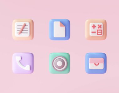Pembe arka planda üç boyutlu akıllı telefon seti, minimum uygulama simgeleri. 3d resimleme