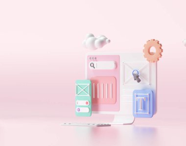 Mobil uygulama, yazılımlar ve 3 boyutlu web geliştirme, bar çizelgesi, pembe arka planda bilgi. 3d oluşturma