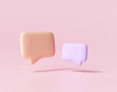 Pembe arka planda 3 boyutlu mor ve turuncu sohbet baloncukları. Sosyal medya mesajları kavramı. 3d resimleme