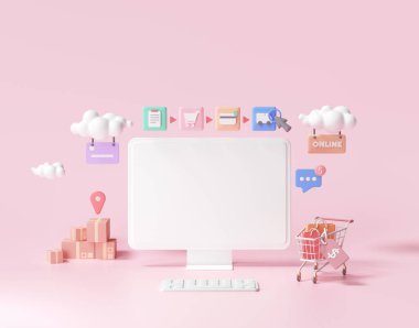 Web sayfası konseptinde 3D online alışveriş. çevrimiçi mağaza, 3d görüntüleme