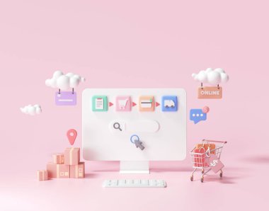 Web sayfası konseptinde 3D online alışveriş. çevrimiçi mağaza, 3d görüntüleme
