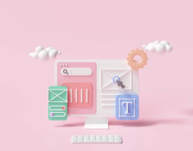 Mobil uygulama, yazılımlar ve 3 boyutlu web geliştirme, bar çizelgesi, pembe arka planda bilgi. 3d oluşturma