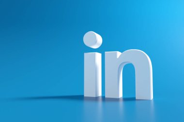 Mavi arka planda 3D Linkedin logosu, sosyal medya uygulaması. 3d resimleme