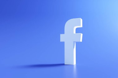 Mavi arka planda 3D facebook logosu, sosyal medya uygulaması. 3d resimleme