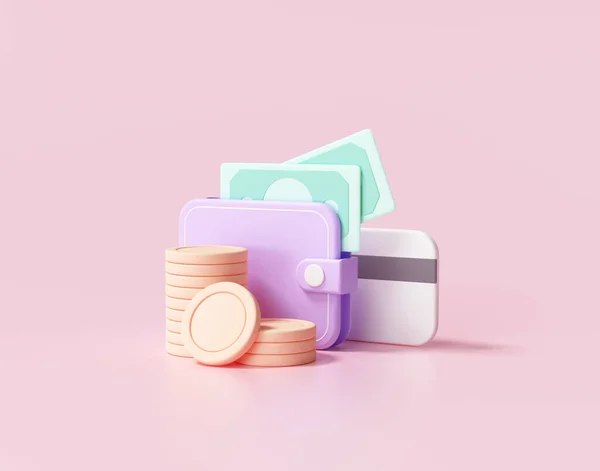 3Dお金を節約アイコンの概念 請求書 コインスタック ピンクの背景のクレジットカード 3Dレンダリングイラスト — ストック写真