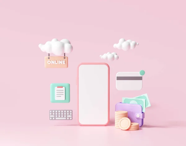 3D ödemeyi kredi kartı konseptiyle yapıyor. Akıllı telefon ile çevrimiçi ödeme işlemini sağlama alın. Cep telefonundaki kredi kartıyla internet bankacılığı. nesne yüzen arkaplan.