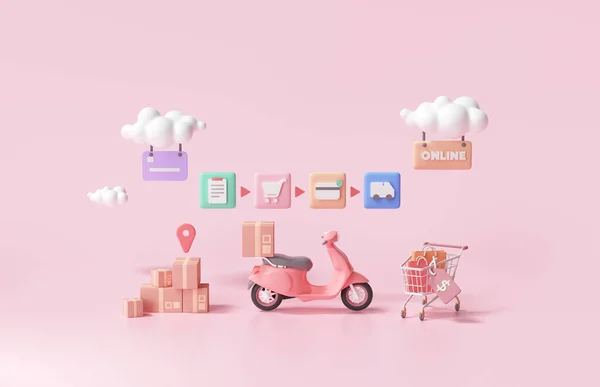 Fast Delivery Service Packaging Szállít Robogó Koncepció Online Vásárlás Web — Stock Fotó