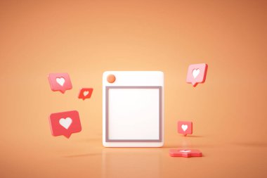 Sarı arkaplan illüstrasyonundaki düğme ve geometrik şekiller gibi fotoğraf çerçeveli 3B görüntüleme sosyal medyası.