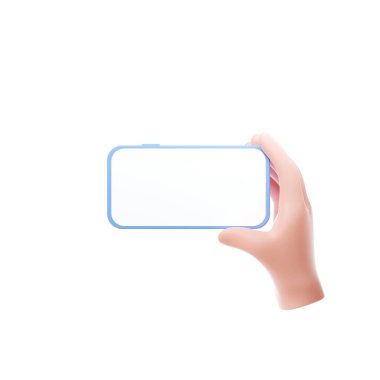 Üç boyutlu karikatür elleri, beyaz arka planda beyaz ekranlı, akıllı telefonları yatay olarak tutuyor. 3d resimleme.