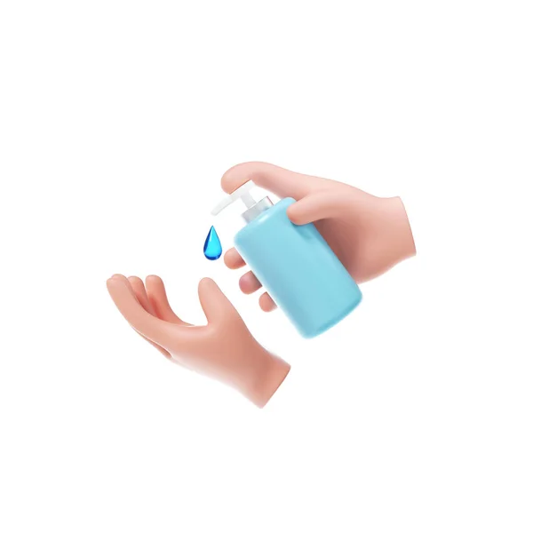 白い背景を隔離する上で手の消毒剤の3Dアイコン 漫画の手のコロナウイルス予防に消毒ジェル液を適用します Sanitiserボトル 3Dレンダリングイラスト — ストック写真