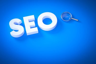 SEO arama motoru optimizasyon konsept logosu mavi arka planda uzanır. Pazarlama stratejisi, çevrimiçi sosyal medya arama motoru 3D resimleme