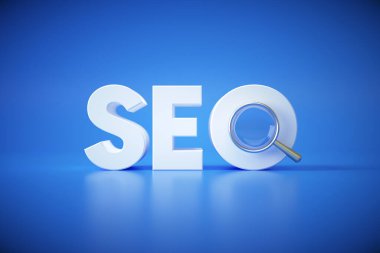 SEO arama motoru optimizasyon konsept logosu mavi arka planda büyütme ile. Pazarlama stratejisi, çevrimiçi sosyal medya arama motoru 3D resimleme