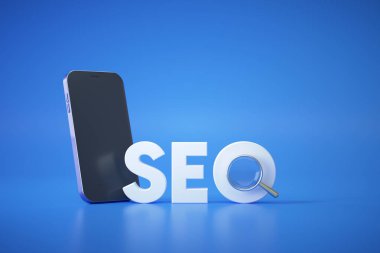 SEO arama motoru optimizasyon konsepti logosu büyüteç ve mavi arka planda akıllı telefon. Pazarlama stratejisi, çevrimiçi sosyal medya arama motoru 3D resimleme