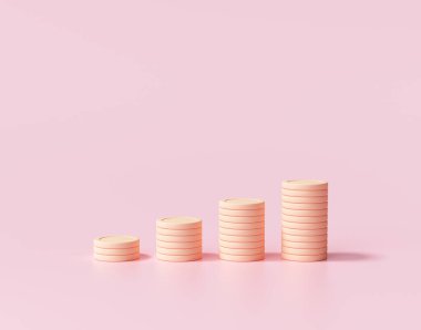 Pembe arka planda büyüyen asgari madeni para yığını grafiği. İş yatırımı ve tasarruf konsepti. 3d resimleme