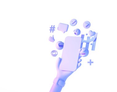 3D Çevrimiçi Sosyal medya iletişim platformu konsepti. Emoji, yorum, sevgi içeren el ele tutuşmalar, beyaz arka planda ikonlar gibi. 3d resimleme