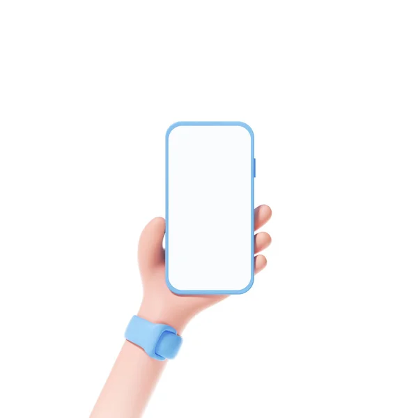 Üç boyutlu akıllı telefon beyaz arkaplanı izole ediyor. Şablon değişimi için telefon ekranı, karikatür eli. 3d resimleme.