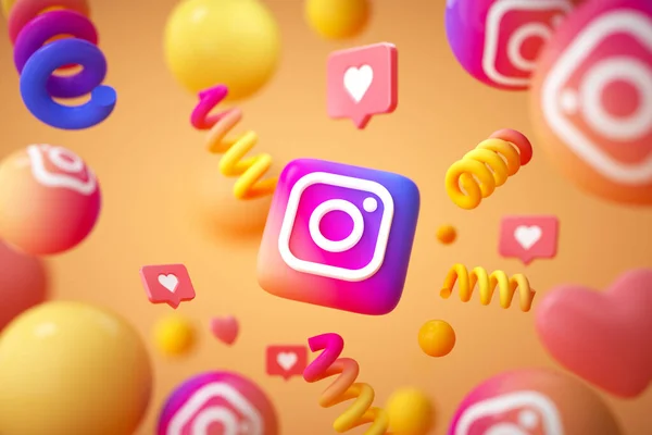 Emoji ve yüzen nesnelerle Instagram uygulama logosu. Instagram sosyal medya platformu.