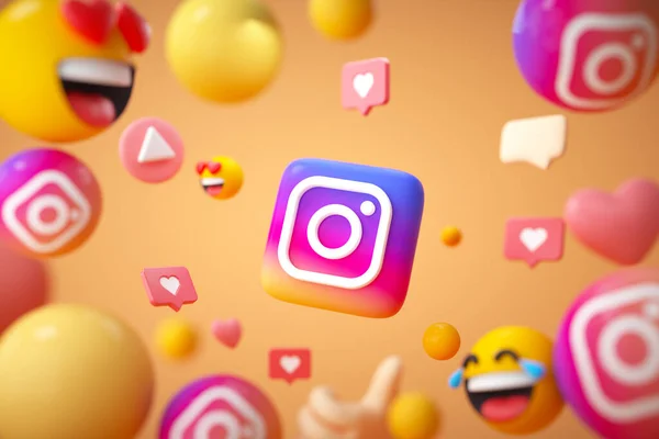 Emoji ve yüzen nesnelerle Instagram uygulama logosu. Instagram sosyal medya platformu.
