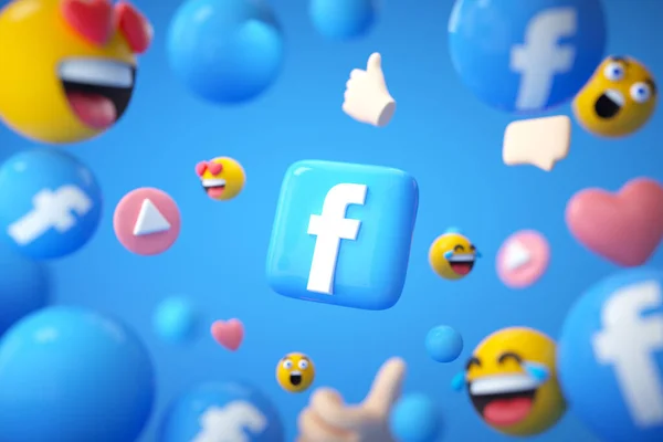 Facebook Φόντο Λογότυπο Εφαρμογή Emoji Και Πλωτά Αντικείμενα Facebook Πλατφόρμα — Φωτογραφία Αρχείου
