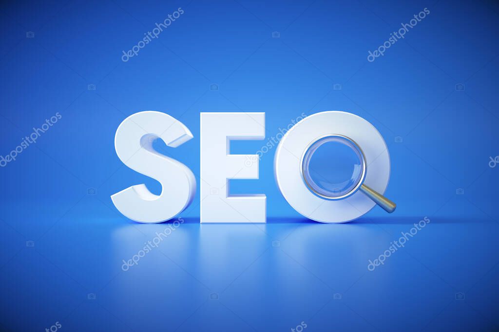 SEO search engine optimization concept logo with magnifying on blue background. marketing strategy, online social media search engine 3d render illustration