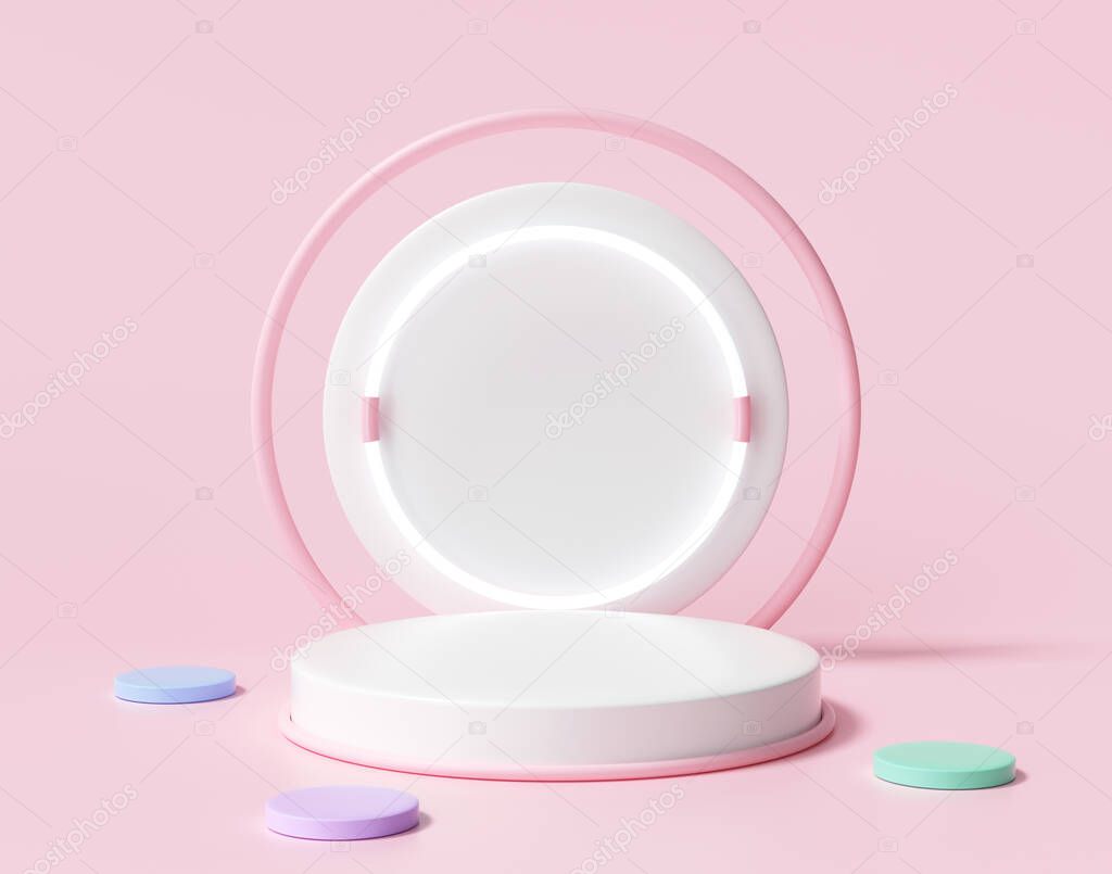 Clean cylinder podium with circular on white background. Abstract minimal colorful scene with geometric for product placement 3d render illustration.