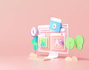 Web UI-UX tasarımı, web geliştirme konsepti. Web oluşturma ve SEO optimizasyon pazarlaması. 3d resimleme