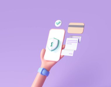 3D Handhold telefon finansal güvenliği, çevrimiçi ödeme koruması, çevrimiçi işlem, online bankacılık ve çevrimiçi alışveriş. 3d resimleme
