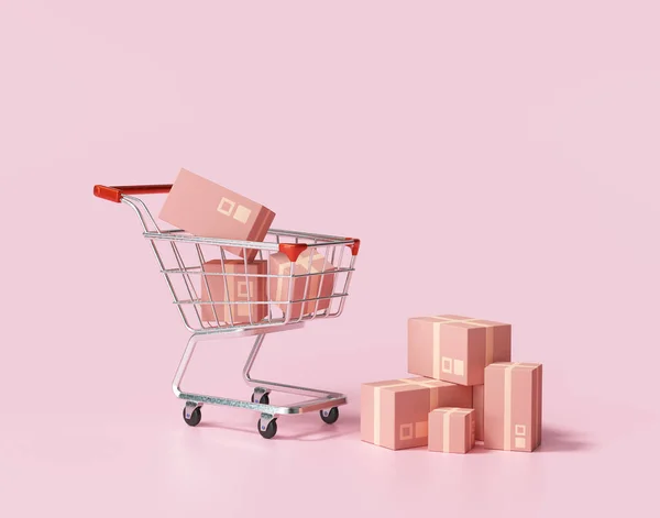 Parcel package in a trolley on pink background. Ideas about online shopping 3d render illustration