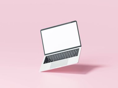 Pembe arkaplanda boş beyaz ekranlı dizüstü bilgisayar önizlemesi. 3d resimleme