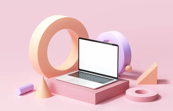 Laptop Mockup Vit Skärm Med Geometriska Former Rosa Bakgrund Render — Stockfoto