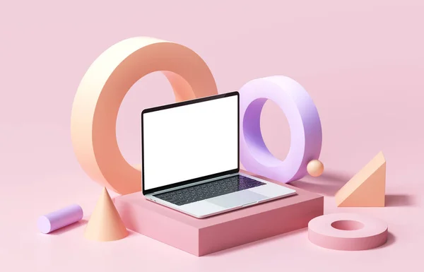 Laptop Mockup Vit Skärm Med Geometriska Former Rosa Bakgrund Render — Stockfoto