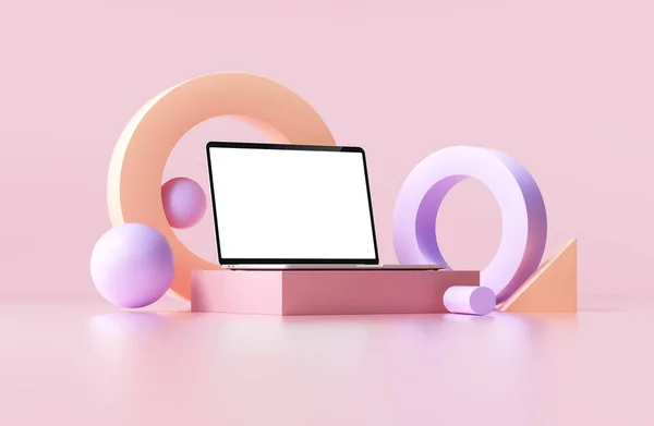 Pantalla Blanca Maqueta Portátil Con Formas Geométricas Sobre Fondo Rosa — Foto de Stock