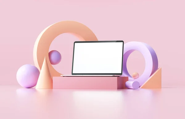Φορητός Υπολογιστής Mockup Λευκή Οθόνη Γεωμετρικά Σχήματα Ροζ Φόντο Καθιστούν — Φωτογραφία Αρχείου