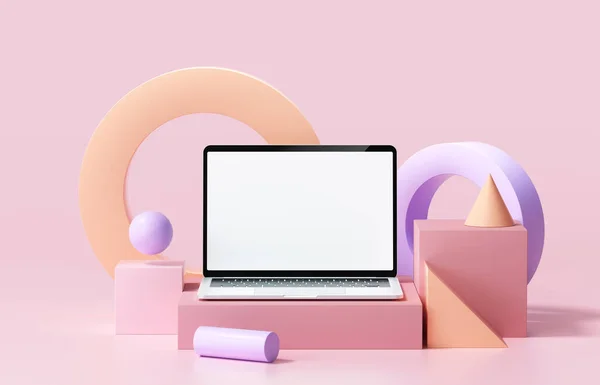 Minimal Laptop Computer Front View Blank White Screen Abstract Geometric — Stock Photo, Image