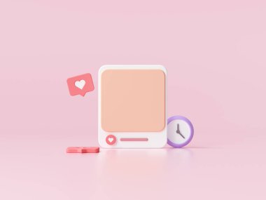 Web sayfası afişi için pembe arkaplanlı fotoğraf çerçeveli sosyal medya. 3 Boyutlu resimleme