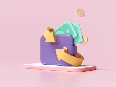Nakit para ve para iade ikonu konsepti. Cüzdan, dolar ve bozuk para yığını, pembe arka plan için online ödeme. 3d sonlayıcı illüstrasyon