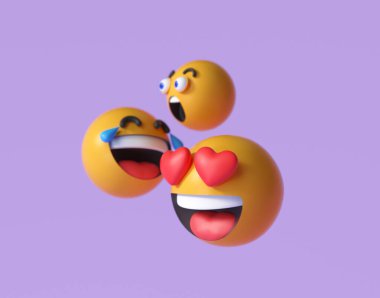 Üç boyutlu Emoji ve yüz ifadeleri. Mor arka planda şaşırmış, komik ve kahkahalar atan Emojiler ya da simgeler. 3d resimleme.