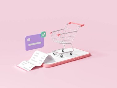 Çevrimiçi mobil alışveriş konsepti, akıllı telefondan kredi kartıyla alışveriş. 3d resimleme