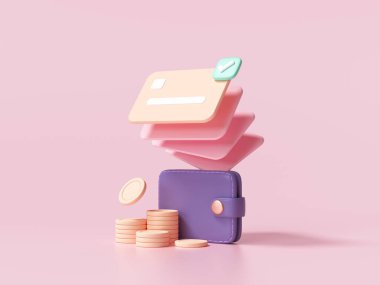 Nakitsiz toplum, kredi kartı, cüzdan ve para yığını pembe arka planda. Para tasarrufu, online ödeme konsepti. 3d resimleme