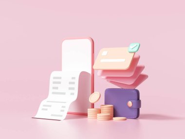 Nakitsiz toplum, kredi kartı, cüzdan ve pembe arka planı olan akıllı telefon. Para tasarrufu, online ödeme konsepti. 3d resimleme