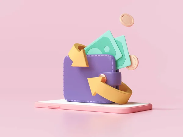Nakit para ve para iade ikonu konsepti. Cüzdan, dolar ve bozuk para yığını, pembe arka plan için online ödeme. 3d sonlayıcı illüstrasyon