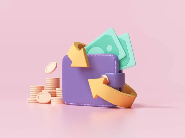 Nakit para ve para iade ikonu konsepti. Cüzdan, dolar ve bozuk para yığını, pembe arka plan için online ödeme. 3d sonlayıcı illüstrasyon