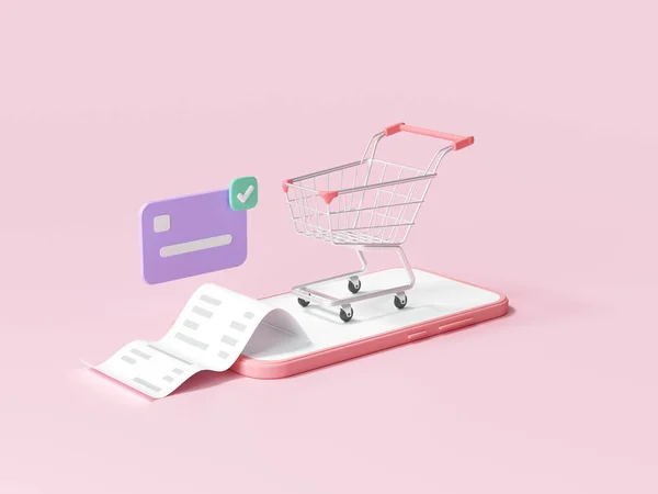 online mobile shopping concept, shopping on smartphone with transaction credit card. 3d render illustration