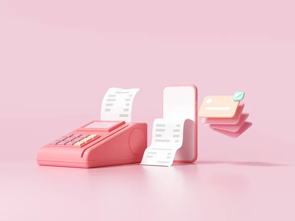 キャッシュレス社会 クレジットカード Pos端末 ピンクの背景の電話 お金の節約 オンライン決済の概念 3Dレンダリング図 — ストック写真