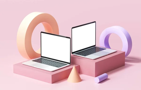 Φορητός Υπολογιστής Mockup Λευκή Οθόνη Γεωμετρικά Σχήματα Ροζ Φόντο Καθιστούν — Φωτογραφία Αρχείου