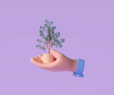 İş yatırımı, finans stratejisi ve para yönetimi konsepti için büyüyen ağacı olan 3D Hand bozuk para yığını. 3d resimleme