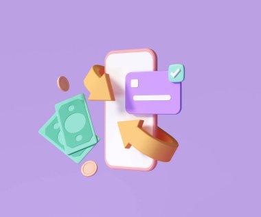 Nakit para ve para iade ikonu konsepti. Banknot, kredi kartı ve akıllı telefonlu bozuk para yığını, online ödeme geçmişi. 3d resimleme