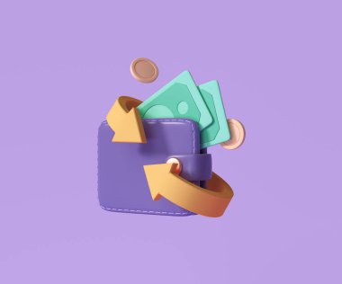 Nakit para ve para iade ikonu konsepti. Cüzdan, dolar ve bozuk para yığını, pembe arka plan için online ödeme. 3d resimleme