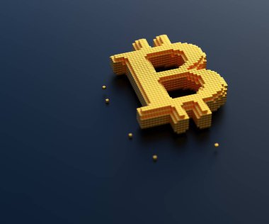 Kutu bağlantısı olan altın bitcoin sembolü, kripto para ticareti ve madencilik kavramı. 3d resimleme