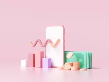 Mali analiz konsepti. Pembe arka planda diyagramı, parası ve banknotu olan telefon, finans yönetimi, organizasyon veya yatırım istatistikleri. 3d resimleme
